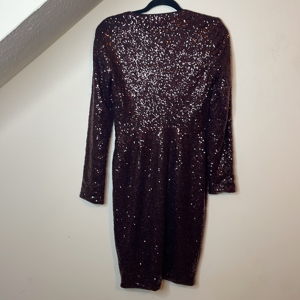 Rachel Rachel Roy Sequin Faux Wrap High Slit Long Sleeve V Neck Cocktail Dress - Picture 3 of 6